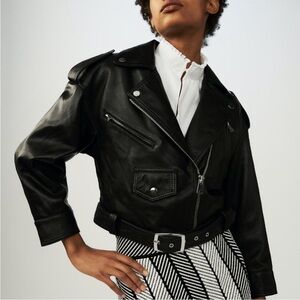 Maje Bassung Leather Lamb Belted Moto Black Bummer Cropped Biker Jacket